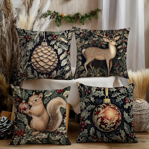 Vintage Christmas Reindeer Squirrel Ball Pillow Covers 18x18 Set of 4