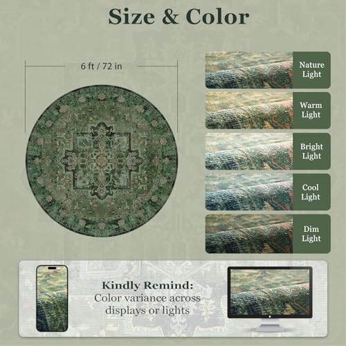 Green Medallion 6ft Round Rug - Washable Non-Slip Low Pile Carpet for Living Room & Bedroom - Jainmy