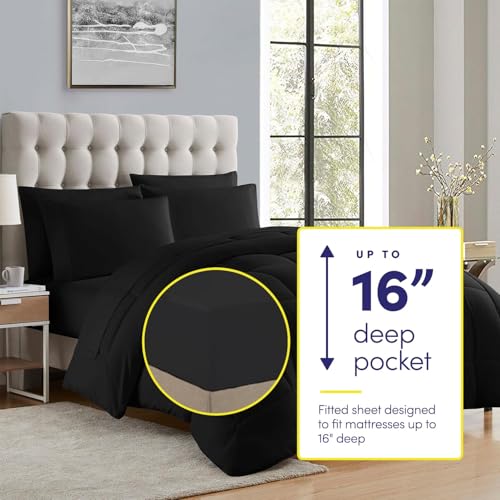 Queen Size Comforter Set with Microfiber Sheets & Pillowcases - Black - 7 Piece