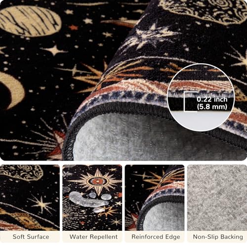 8x10 Washable Area Rug - Black, Gold, Beige, Red - Sun Moon Pattern - Vacuum-Friendly