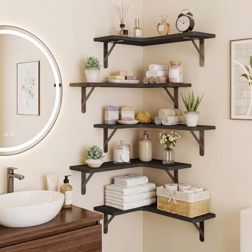Fixwal Conner Wall Shelves Set of 5 - Rustic Black Corner Storage