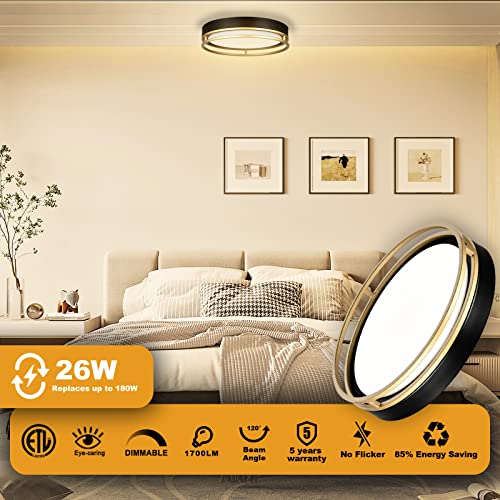 Flynix 12.5 Inch Black Gold LED Flush Mount Ceiling Light Dimmable 26W 1700 Lumens
