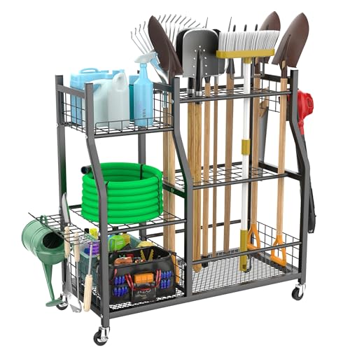 WALMANN Garden Tool Organizer with Wheels, Black, 36.25in Rake & Shovel Stand