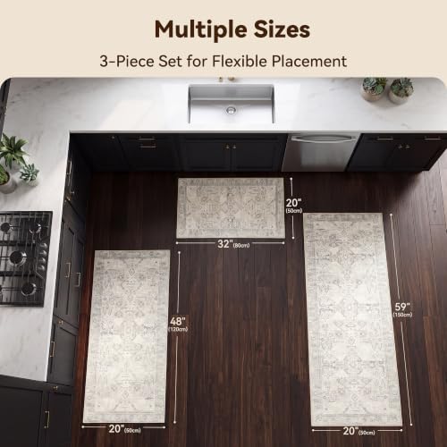 Boho Kitchen Rug Set of 3 - Anti-Fatigue Non-Slip Mats Beige 20"x32" 20"x48" 20"x59"