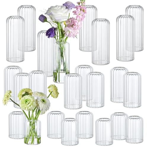 Glass Cylinder Vases Set - Clear Ribbed Tall Flower Bud Vases for Weddings & Home Decor