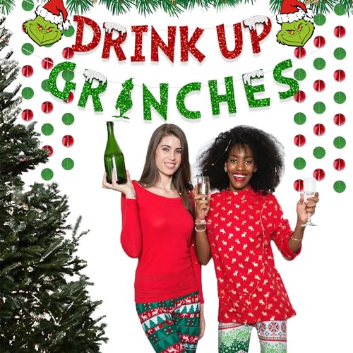 Glittery Christmas Decorations Banners£¬Drink Up Grinches Banner, Winter Holiday Garland Photo Props Banner for Party Home Decorations (Green)