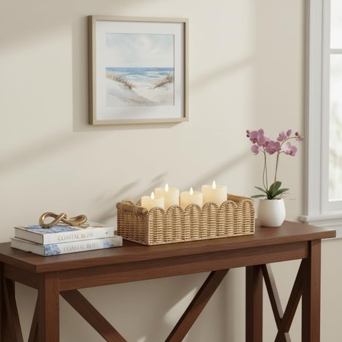 CubesLand Scalloped Edge Toilet Paper Storage Basket - Cozy Beige Decor with 2 Wooden Handles