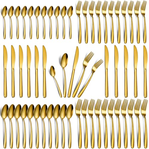 Hunnycook Gold 60-Piece Stainless Steel Silverware Set for 12 - Dishwasher Safe Kitchen Utensil Set