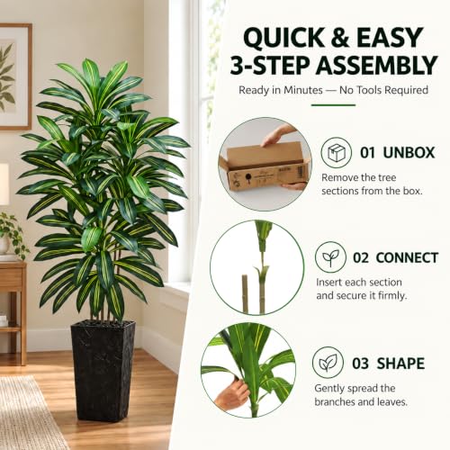 Artificial Dracaena Tree 6FT with Black Planter - Indoor Faux Plant, Realistic Tall Decorative Tree Variation of Green-Black Pot