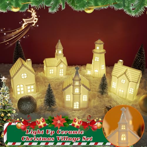 White Ceramic Christmas Village Houses Set with Timer & LED Lights