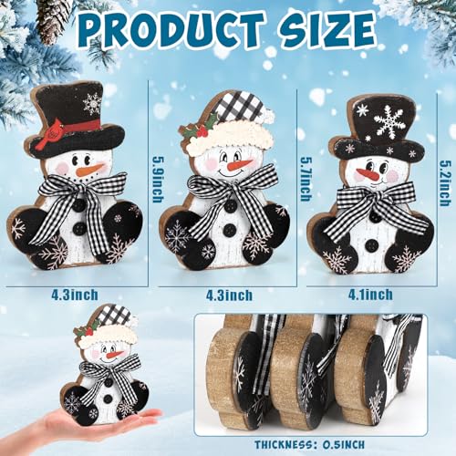 Sealmic 3 Pcs Christmas Wooden Snowman Centerpieces - Large Black & White Rustic Holiday Decor