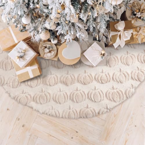 Thenshop Fall Tree Skirt 48 Inch Beige Plush with 3D Pumpkins - Seasonal Decor