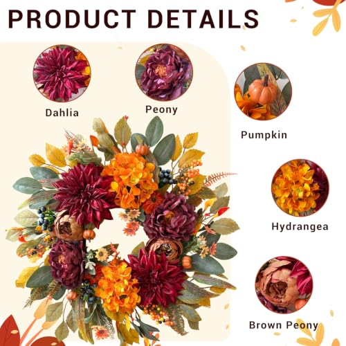 24-Inch Autumn Fall Wreath for Front Door - Realistic Artificial Fall Decorations