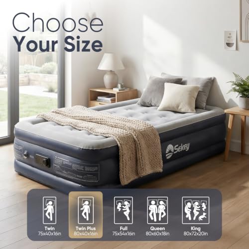 Sekey Twin Air Mattress with Built-in Pump - Grey, 16-Inch Raised Bed