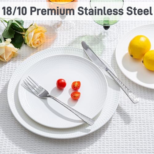 Kingstone 60-Piece Silver Flatware Set 18/10 Stainless Steel Hammered Finish for 12