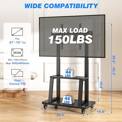 Black Rolling TV Cart for 37-75 Inch TVs Up to 150lbs - Double Shelves, Height Adjustable