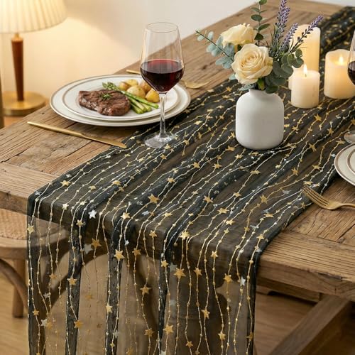 Artoid Mode 28x120 Inch 6pc Black Gold Glitter Gauze Table Runner Set