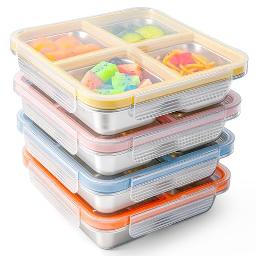 4 Pack Stainless Steel Snack Containers with Lids - 4-Compartment Leakproof Bento Boxes - Reusable Dishwasher Safe Food Storage - Variation: 4pack-a