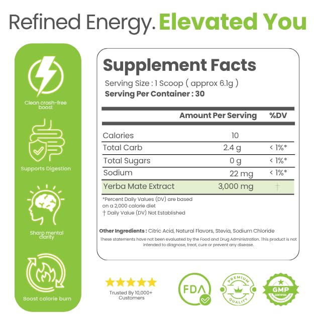 Yerba Mate Instant Tea Powder Lemon - Natural Caffeine, No Crash Energy, Sugar-Free Drink Mix, 30 Servings