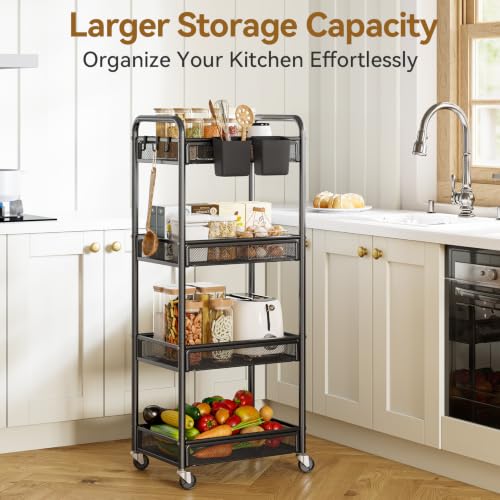 YASONIC 4-Tier Rolling Storage Cart with Wheels - Black Metal Utility Cart