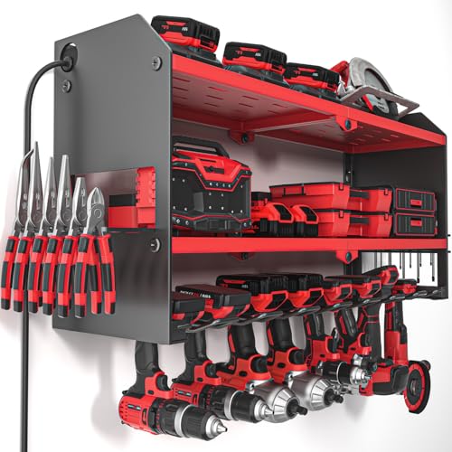 Power Tool Organizer with Charging Station Wall Mount - Surge Protected Rack, Red Variation of with Power Strip
