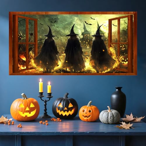 Halloween Witch Wall Stickers 3D Halloween Scene Fake Window Wall Decals Picture Large Holiday Mural Wallpaper Peel and Stick 3D Witches Wall Decor for Bedroom Living Room Home Decoration