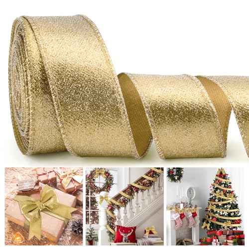 Gold Ribbon for Christmas Tree Glitter Gold Ribbon Garland Golden Christmas Ribbons Wired 1 1/2 Inch 10 Yards Thick Wired Golden Ribbons for Tree Gift Wrapping Party Decorations