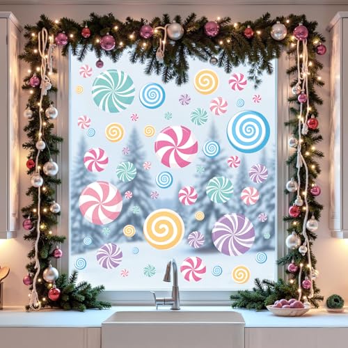 Ivenf Christmas Decorations Window Clings: 8 Sheets Extra Large Lollipop Peppermint Christmas Window Clings, Cute Pink Candyland Candy Stickers Decals for Kids Home School Office Holiday Party