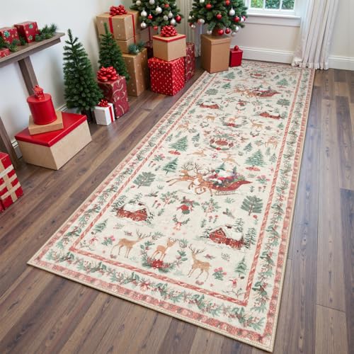 Christmas Runner Rug 2x8 Beige Non-Slip Washable Hallway Carpet for Entryway Kitchen Bathroom