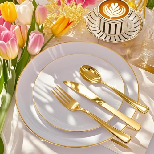 50 Guests Round Gold Disposable Dinnerware Set - Plates, Cups, Silverware & Napkins