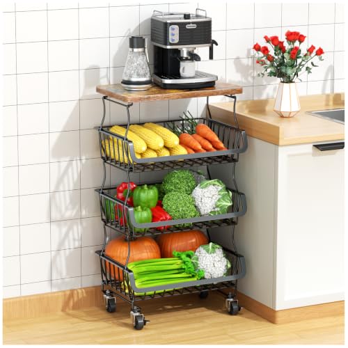 4-Tier Fruit and Vegetable Basket with Wheels - Black, Kitchen Organizer