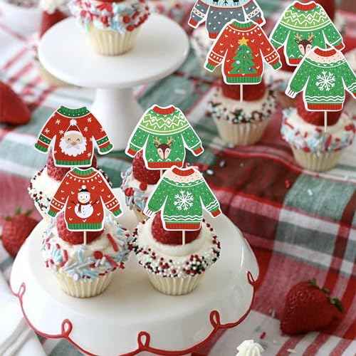 Rsstarxi 36 Pack Ugly Sweater Cupcake Toppers Deer Santa Claus Christmas Cupcake Picks Decoration Ugly Sweater Party Cake Decorations for Merry Christmas Xmas Party Decorations