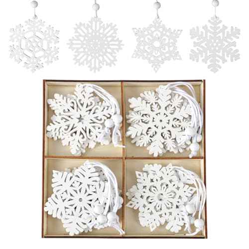 16 Pcs Wooden Snowflake Christmas Ornaments, White Snowflakes for Crafts, Snowflake Hanging Ornament for Christmas Tree Winter Garland
