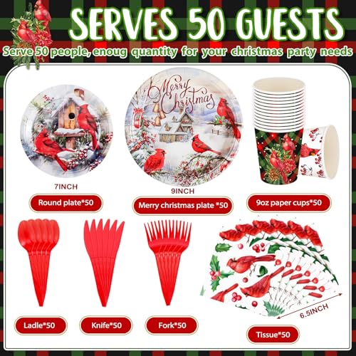 Christmas Disposable Dinnerware Set for 50 Guests with Plates Cups & Cutlery