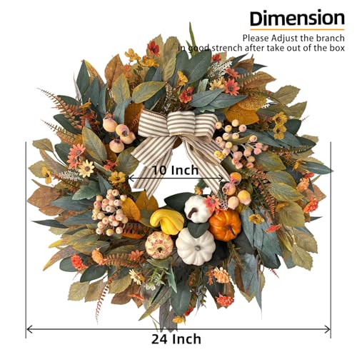 Fall Wreath for Front Door - 24 Inch Pumpkin & Eucalyptus Farmhouse Decor - Variation 09-Farmhouse