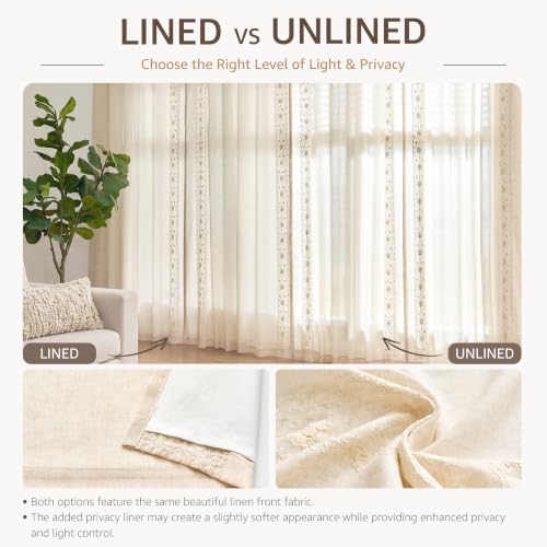 Linen Floral Embroidered Window Curtains - 54x84 Inches, 2 Panels