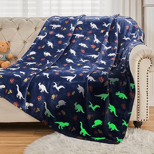 SOCHOW Glow in The Dark Throw Blanket 50 x 60 Inches, Jurassic Dinosaur Pattern Soft Cozy Flannel Fleece Blanket for Sons Daughters, All Seasons Navy Blue Presents Blanket for Preteens Teens