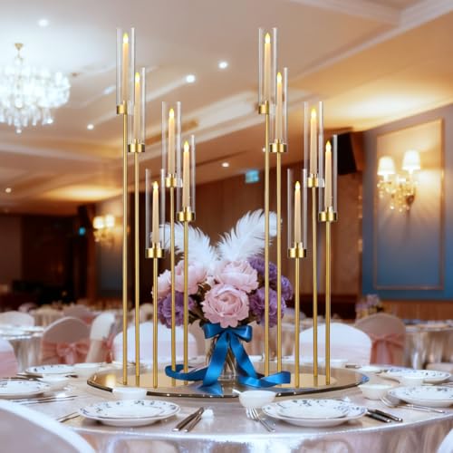 4-Pack 39-Inch Tall Gold Candelabra Centerpieces with 5 Arms & Acrylic Shades