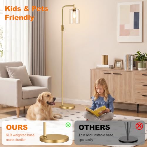 Dimmable Gold Floor Lamp with Clear Glass Shade - Modern Arc Standing Lamp for Living Room, Bedroom, Office - 900LM LED Bulb Included - Variation: Clear Glass-Gold