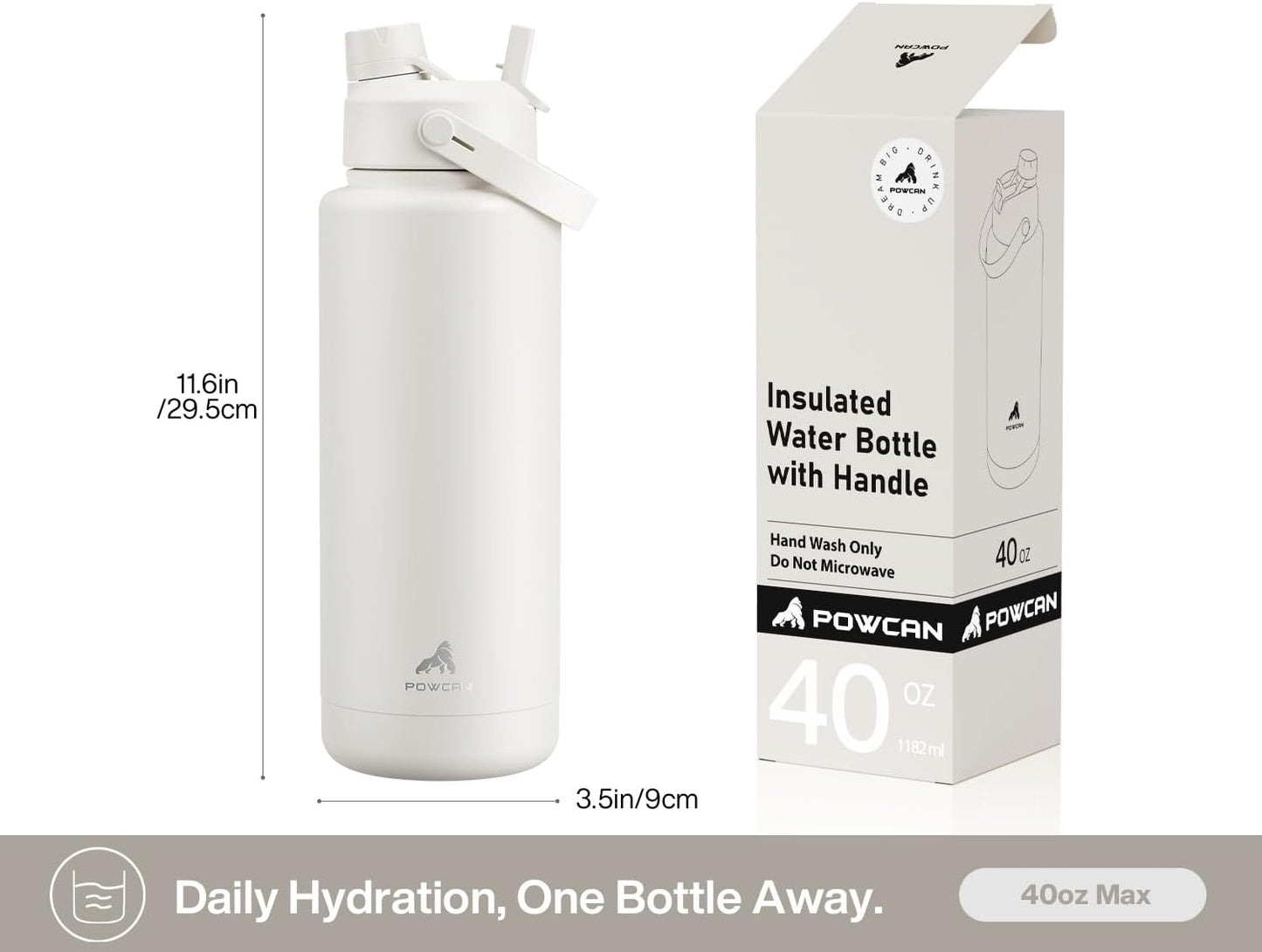 POWCAN 40 oz Insulated Water Bottle - 2-in-1 Straw & Spout Lid, Leak-Proof, BPA-Free | Ivory