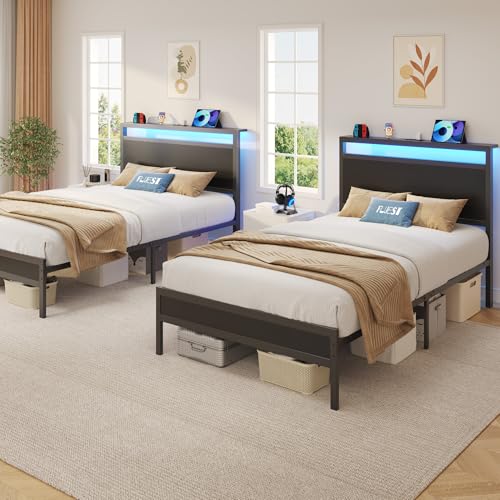 Twin Bed Frame with Headboard, Footboard, LED Lights & Charging Station - Classic Black