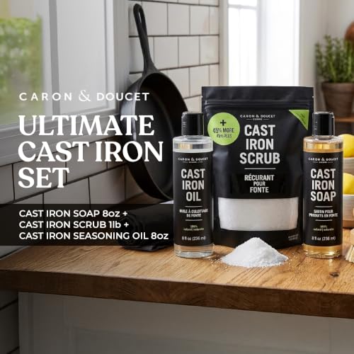 Cast Iron Restoring & Seasoning Kit - Includes Oil, Soap & Scrub - 2x 8oz & 1lb Variations