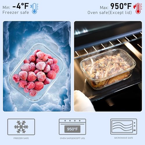 BOROHOUSE 5-Pack Tempered Glass Food Storage Containers 35.2oz with Gray Lids, Airtight & Microwave Safe