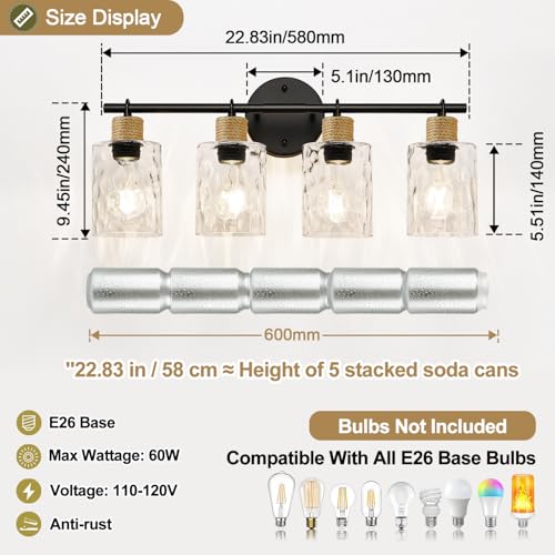 Matte Black Coastal 4-Light Vanity Light with Crystal Glass Shades - MOKATNG