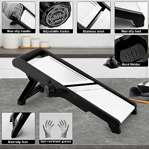 VEKAYA Mandoline Slicer for Kitchen - Stainless Steel Vegetable Slicer with Safety Gloves, Black/Silver