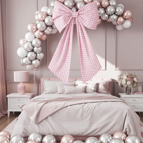 Pink Textured Cotton Gingham Bow - 40x24 Inch Oversized Decor with Double-Sided Tape