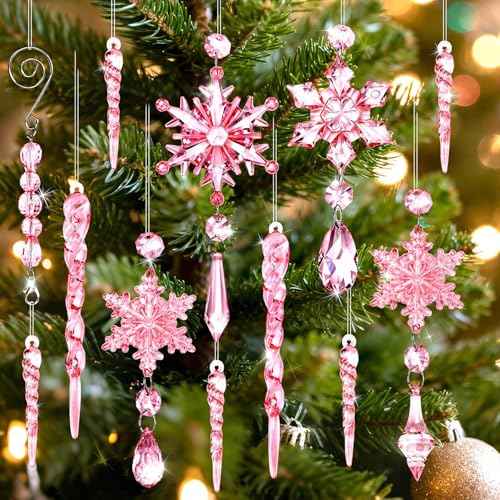 FEBSNOW Christmas Tree Ornaments, 16pcs Light Pink Acrylic Snowflake Ornaments Christmas Hanging Decorations Icicle Snowflake Pendants for Christmas Tree Frozen Themed Winter Wonderland Party Decor