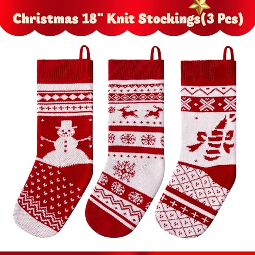 JOYIN White Classic 3-Pack 18-Inch Knit Christmas Stockings Burgundy & White