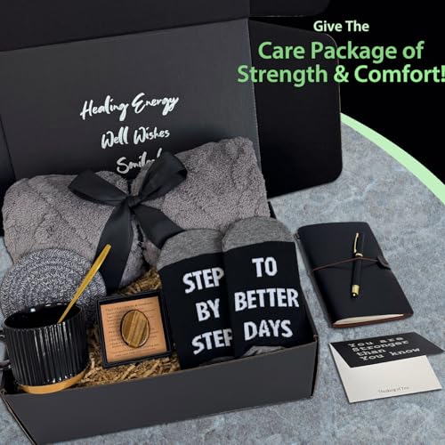 Men's Get Well Soon Care Package with Plush Blanket Mug Socks Notebook Stress Stone