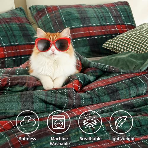 JANZAA 3-Piece Queen Green Plaid Flannel Comforter Set (90x90) — Includes 1 Comforter + 2 Pillow Shams
